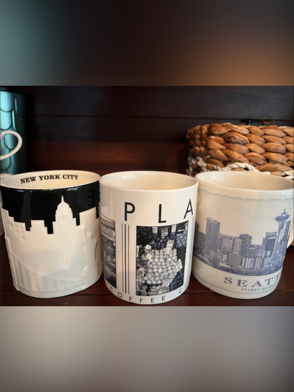 Starbucks White and Black City Skyline Mugs (New York, Seattle, and Pikes Place)